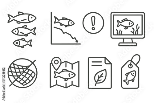 Ecological Icons Collection. Line style icons of ecological disasters and response: fishery collapse icon, overfishing graph,