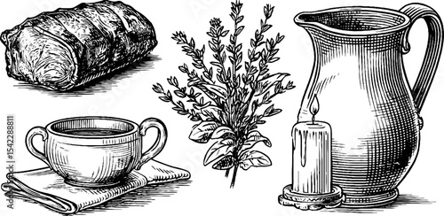 Rustic dining scene with roast pork, cider jug, cup, and herb arrangement for culinary inspiration