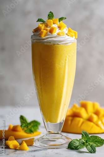 Refreshing Chilled Mango Shake with Cream and Cubes on Marble Tabletop in Summer Café Aesthetic