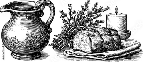 Rustic table setting with roast pork loin, cider jug, herbs, and candle