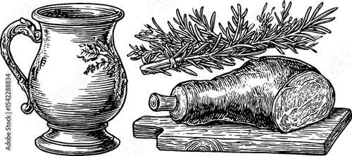 Rustic feast with roast venison and pewter ale mug