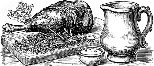 Medieval feast setup with roast venison, pewter mug, and herbs