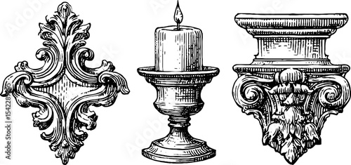 Elegant rococo and gothic decor elements featuring wall sconce and candle holder for interior design