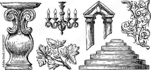 Classical roman architecture and rococo elements with ornate designs for decor and design projects