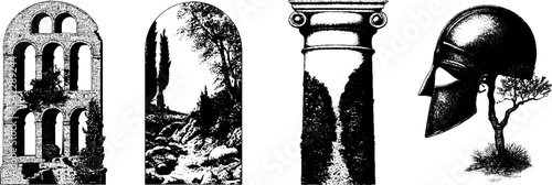 Ancient roman architecture and artifacts: aqueducts, columns, and helmets for historical design