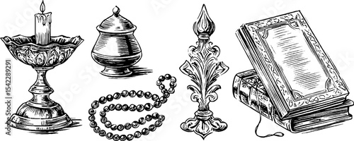 Religious symbols: roman catholic rosary and hindu oil lamp for spiritual reflection and decor