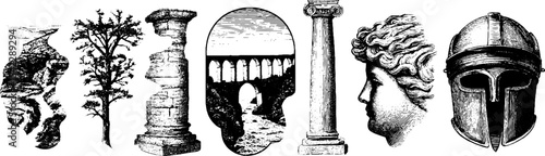 Ancient roman architecture and artifacts: aqueduct, columns, and sculptures for historical design