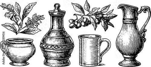 Historical drinkware collection: roman mulled wine jug and victorian tea kettle design