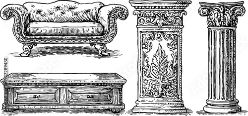 Antique roman triclinium couch and rococo wall sconces: classic interior design elements