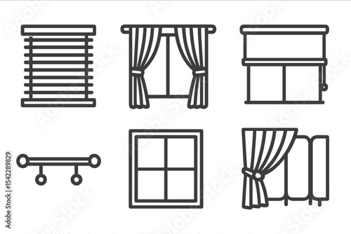 Window Treatment Icons. Line style icons of window treatments: blinds, curtains, roller shades, valance. curtain rod, window pane,