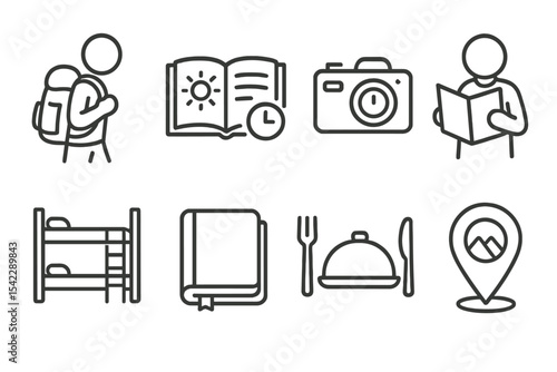 Solo Travel Icons. Line style icons of solo travel: solo backpacker, travel journal, self-timer camera, solo map. hostel bunk,