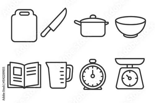 Cooking Utensil Icons. Line style icons of meal preparation: cutting board, chef knife, saucepan, mixing bowl. recipe book,