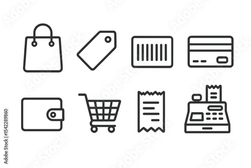 Shopping Essentials Icons. Line style icons of shopping essentials: shopping bag, price tag, barcode, credit card. wallet,