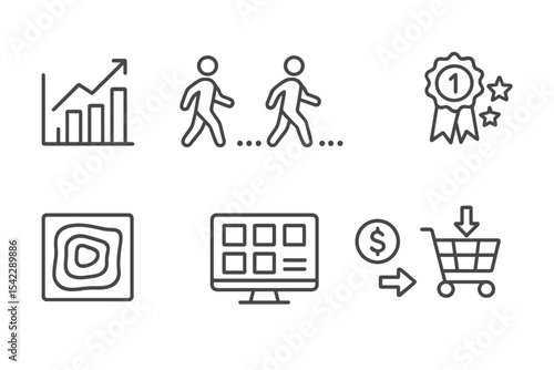 Retail Analytics Icons. Line style icons of retail analytics: sales chart, foot traffic, customer feedback, product ranking. heat