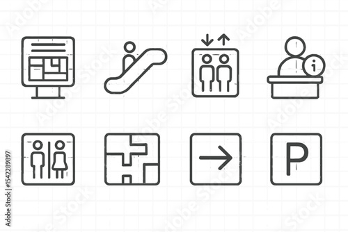 Shopping Mall Icons. Line style icons of shopping mall navigation: directory board, escalator, elevator icon, info desk. restroom
