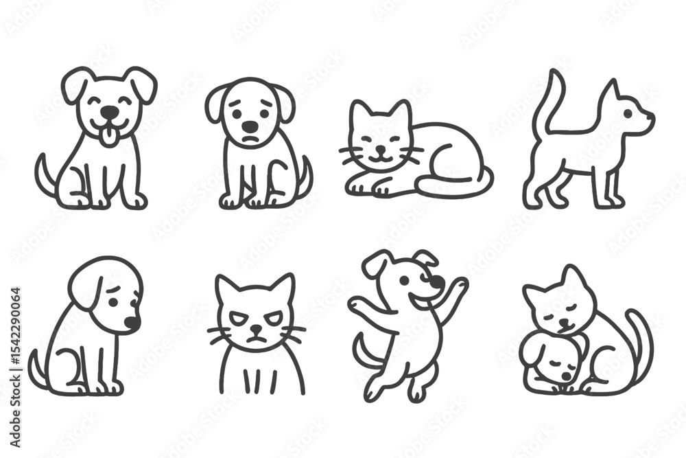 Pet Emotion Icons. Line style icons of pet emotions: happy pet, anxious pet, relaxed posture, alert stance. shy dog, angry cat, Pet Emotion Icons. Line style icons of pet emotions: happy pet, anxious pet, relaxed posture, alert stance. shy dog, angry cat,
