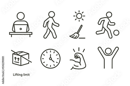 Return to Activity Icons. Line style icons of return to activity: work reintegration, walking outside, household chore, basic