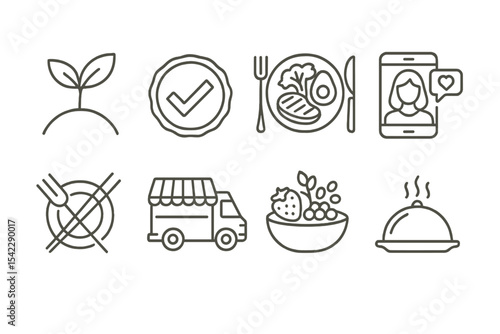 Food Trend Icons. Line style icons of food trends: plant-based icon, organic stamp, keto dish, food blogger. fusion cuisine,