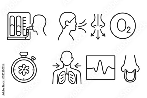 Breathing Rehab Icons. Line style icons of breathing rehab: spirometer, deep breathing, inhale guide, oxygen icon. breath timer,