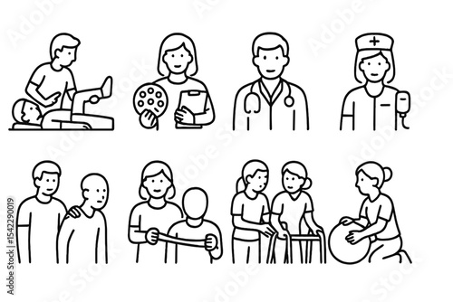 Rehabilitation Personnel Icons. Line style icons of rehabilitation personnel: physical therapist, occupational therapist, rehab