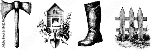 Vintage rural tools and scenery design for rustic decor