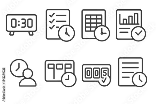 Time Tracking Icons. Line style icons of time tracking: digital clock, task log, timesheet icon, daily report. volunteer hour,