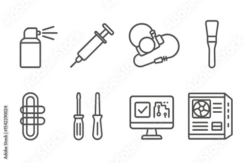 Computer Maintenance Icons. Line style icons of computer maintenance: compressed air, thermal paste, anti-static wristband,