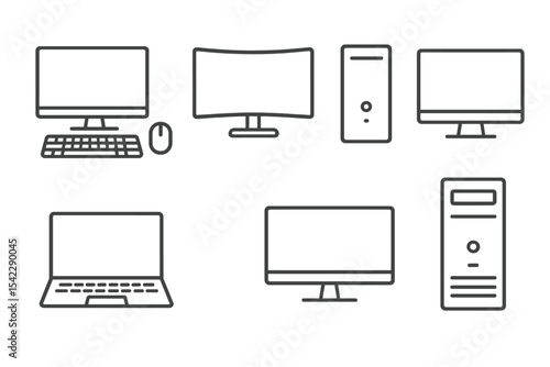 Computer Line Style Icons. Line style icons of computer brands (generic): desktop shape, keyboard layout, mouse model, generic