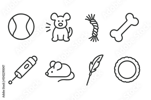 Pet Toys Icons. Line style icons of pet toys: ball, squeaky toy, rope, chew bone. laser pointer, toy mouse, feather wand, tug ring