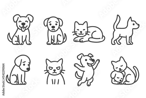 Pet Emotion Icons. Line style icons of pet emotions: happy pet, anxious pet, relaxed posture, alert stance. shy dog, angry cat,