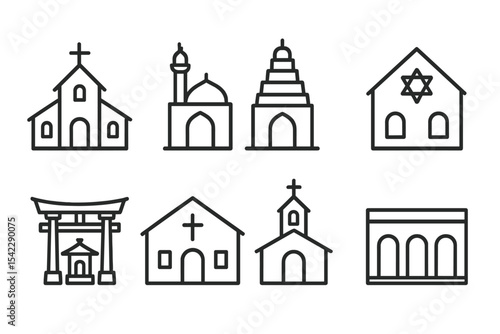 Line Style Worship Icons. Line style icons of places of worship: church, mosque, temple, synagogue. shrine, monastery, chapel,
