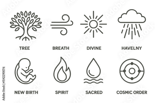 Symbols of Creation. Line style icons of creation and life: tree of life, breath symbol, divine spark, heavenly light. new birth,