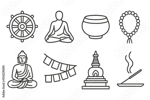 Buddhist Symbol Icons. Line style icons of Buddhist symbols: dharma wheel, lotus pose, monk bowl, meditation beads. Buddha statue,