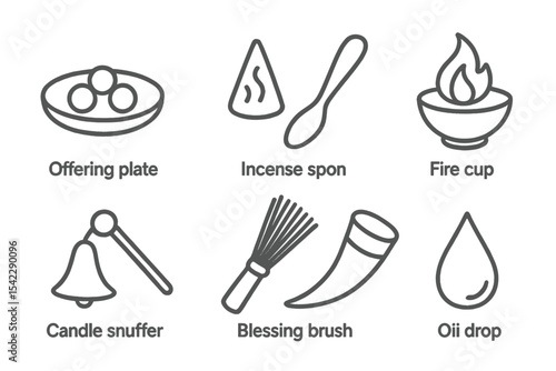 Ritual Tool Icons. Line style icons of ritual tools: offering plate, incense cone, sacred spoon, fire cup. candle snuffer,