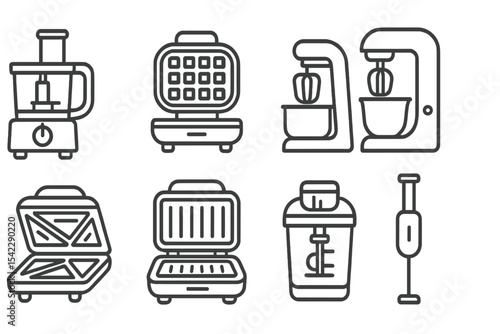 Countertop Appliance Icons. Line style icons of small countertop appliances: food processor, waffle maker, mixer, juicer. sandwich