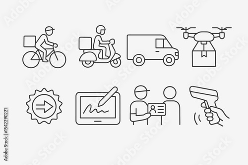 Courier Service Icons. Line style icons of courier services: bicycle courier, scooter delivery, van courier, drone drop. express