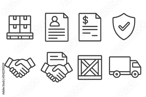 B2B Logistics Icons. Line style icons of B2B logistics: bulk pallet, commercial invoice, freight quote, cargo insurance. delivery