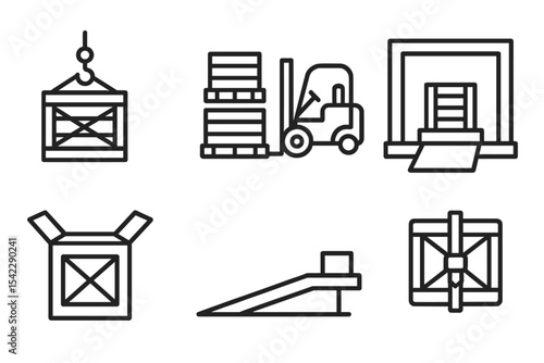 Loading and Unloading Icons. Line style icons of load and unload: lifting crate, pallet stack, forklift action, loading dock.
