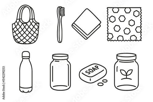 Zero Waste Icons. Line style icons of zero waste lifestyle: reusable bag, bamboo toothbrush, cloth napkin, beeswax wrap. stainless