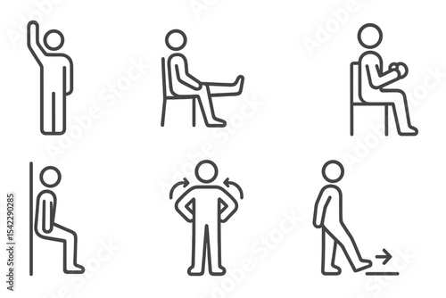 Therapeutic Exercise Icons. Line style icons of therapeutic exercises: arm lift, leg stretch, seated push, hand grip. wall squat,