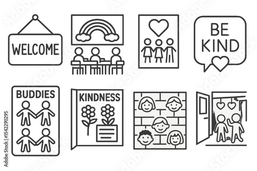 Inclusive School Icons. Line style icons of inclusive school environment: welcome sign, classroom mural, inclusive poster, kind