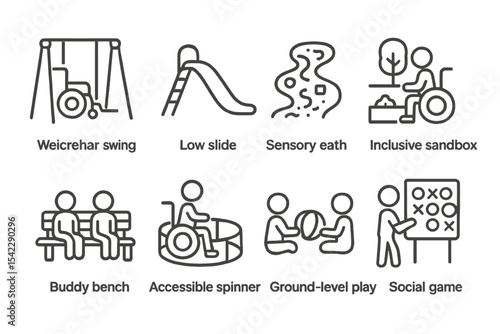 Inclusive Playground Icons. Line style icons of inclusive playground: wheelchair swing, low slide, sensory path, inclusive sandbox