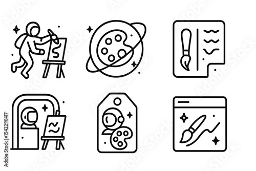 Futuristic Art Icons. Line style icons of future digital art: zero-gravity painting icon, orbital art badge, magnetic brush chart,