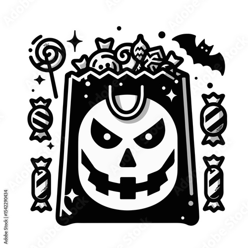 Halloween candy bag with jack-o’-lantern face in black and white