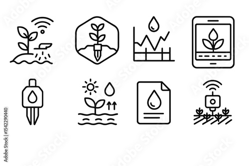 Climate Tech Icons. Line style icons of climate tech and green innovation: smart irrigation icon, soil sensor badge, drip line