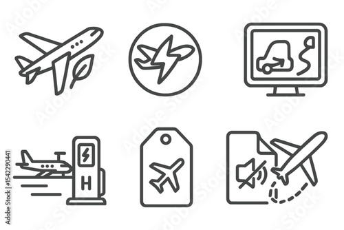Climate Tech Icons. Line style icons of climate tech and green innovation: sustainable aviation icon, electric plane badge, fuel