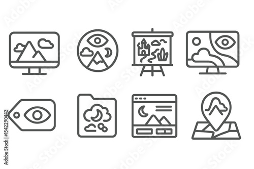 Future Art Icons. Line style icons of future digital art: dreamscape generator icon, surreal image badge, fantasy world chart,