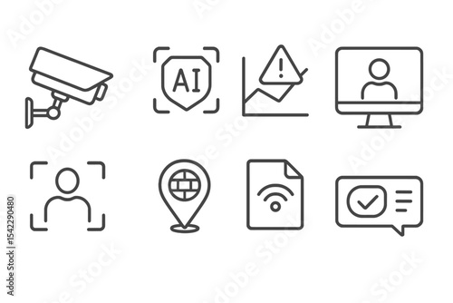 Urban Safety Icons. Line style icons of urban safety and smart infrastructure: surveillance camera icon, AI detection badge, smart