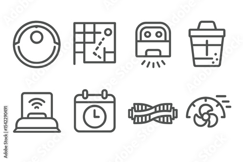 Home Robotics Icons. Line style icons of home robotics and automation: robotic vacuum cleaner, floor mapping icon, obstacle sensor