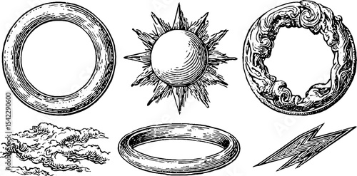 Vintage sketched sunburst, lightning, and ornamental ring designs for creative projects